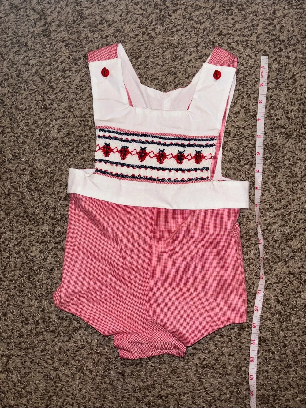 White & Red Smocked Infant 2 Piece Bubble with Ladybug Embroidery